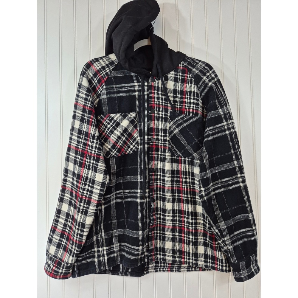 Zara Men Relaxed Fit Hooded Flannel Shirt Black White Red Plaid Size Large